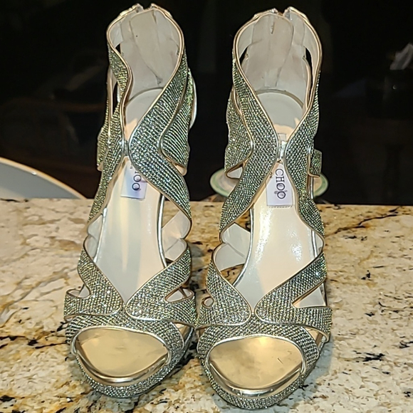 Jimmy Choo "Karla" shimmering stiletto peep toe back zip heels. Sz. 40.(10) - Picture 7 of 16